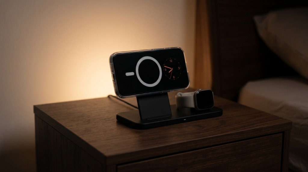 kestryx case charging on MagSafe nightstand